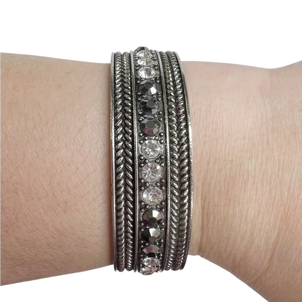 Silver Tone Clear & Gray Round Rhinestone Rope Cuff Bracelet